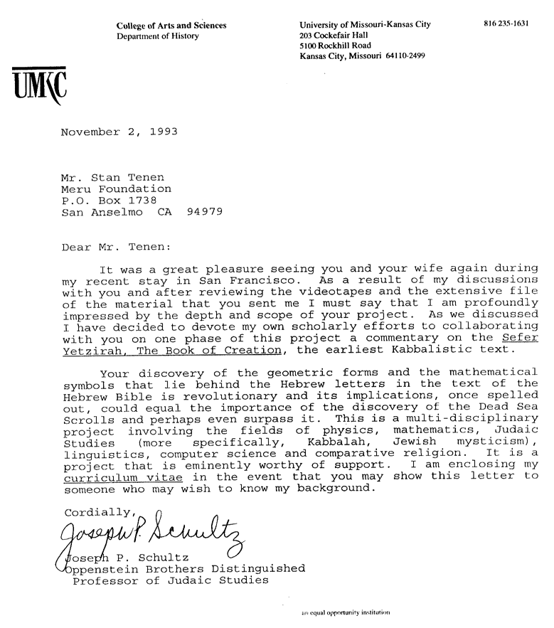 Letter from Prof. Joseph P. Schultz
